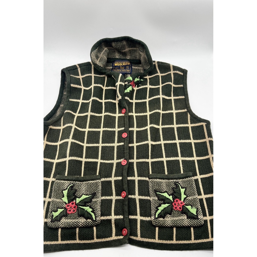 Vtg Woolrich John Rich & Bros Vest Womens Green/Red Plaid Christmas Mistletoe‎ S